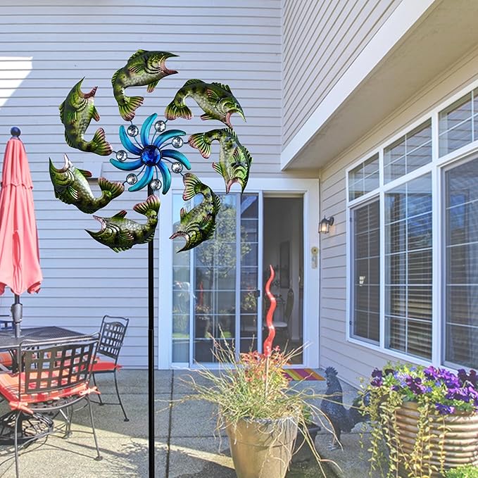 58" Metal Green Fish Wind Spinners Garden Stake -Ocean Theme Windmill Outdoor Decorations, Colorful Garden Wind Spinner Outside Decor, Wind Sculptures Lawn Decor for Yard Patio, Backyard