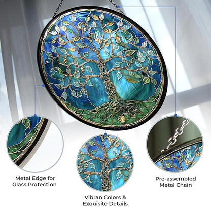 Tree of Life Stained Glass Suncatcher Window Hanging, Gothic Christmas Ornaments for Fiction Lovers, Dinosaur Room Decor for Nursery New Home Gifts