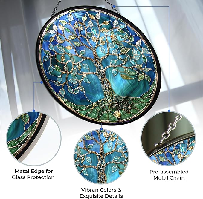 Tree of Life Suncatcher Stained Glass Window Hangings for Women Mom Red Birds Sun Catchers Colorful Ornament Bird Lovers Gift Gifts for Women Mom Wife