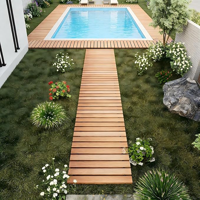 12FT Straight Wooden Garden Pathway Walkway Outdoor Roll Out Decorative Garden Non-Slip Patio Path Decorative Boardwalk Outdoor Road Floor for Backyard Beach Wedding Party