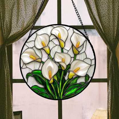DASTOLL Stained Glass Window Hanging, White Calla Lily Suncatcher Diamond Glass Panel Hangings Flowers Sun Catchers Decor for Birthday for Women, Men, Wife, Aunt, and Mom 14.9x14.9 in