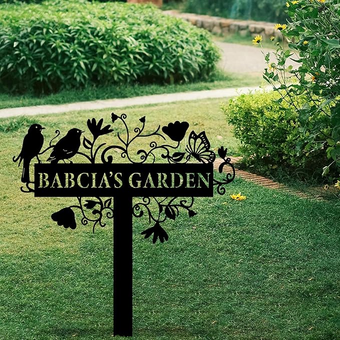Custom Metal Garden Sign with Flowers, Personalized Garden Metal Stake with Birds, Flower Garden Name Decor, Custom sign for Outside, Customized Gardening Decoration, Yard Art, Gift for Mom, Grandmom