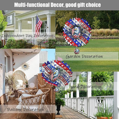 Sunflower American Flag Eagle Patriotic Wind Spinners Outdoor for Yard and Garden,12 Inch 3D Stainless Steel Metal Hanging Kinetic Wind Sculpture, Independence Day Decor Indoor Ar