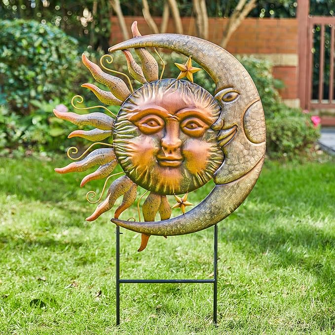 Glitzhome 36.25"H Metal Sun and Moon Yard Stake, Bronze Rustic Sun and Moon Garden Stake or Antique Wall Decor