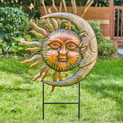 Glitzhome 36.25"H Metal Sun and Moon Yard Stake, Bronze Rustic Sun and Moon Garden Stake or Antique Wall Decor