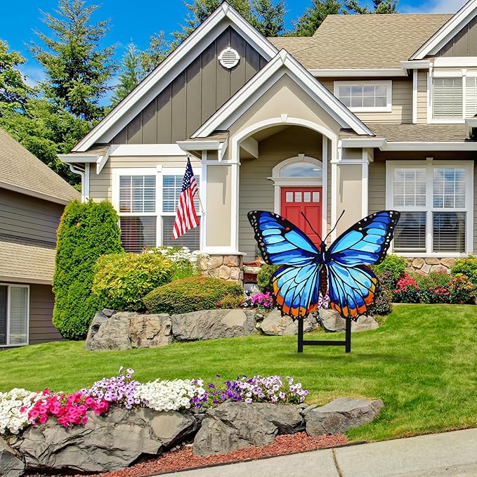 1 Pcs Spring Metal Butterfly Garden Stakes Decor 16.5 Inch Decorative Blue Butterfly Yard Stake Outdoor Insect Decor Metal Garden Art Ornaments for Patio Porch Lawn Backyard
