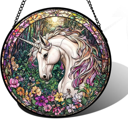 DASTOLL Stained Glass Window Hanging, Unicorn Flowers Suncatcher for Doors Home Sun Catchers Decoration and Christmas, Mother's Day Birthday Gifts for Women, Men, and Mom 9.8 in