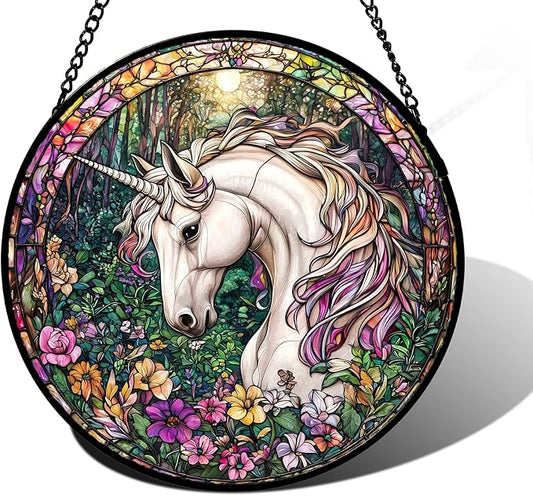 DASTOLL Stained Glass Window Hanging, Unicorn Flowers Suncatcher for Doors Home Sun Catchers Decoration and Christmas, Mother's Day Birthday Gifts for Women, Men, and Mom 6.3 in