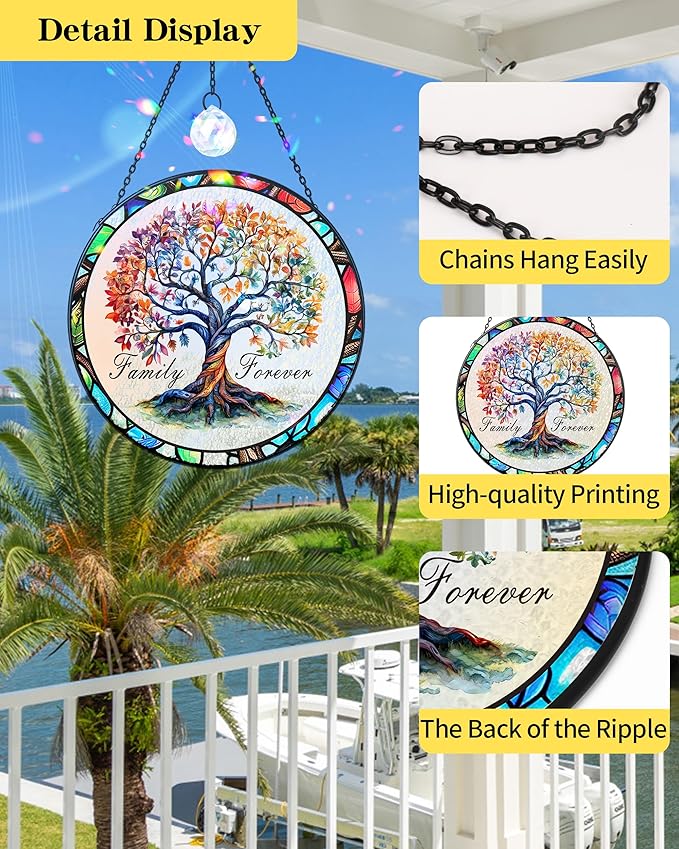 Tree of Life Stained Glass Window Hanging Family Tree Suncatcher for Door Home Decor Desk Decorations Gifts for Women (Glass-Family Forever, 7.8x7.8 in)