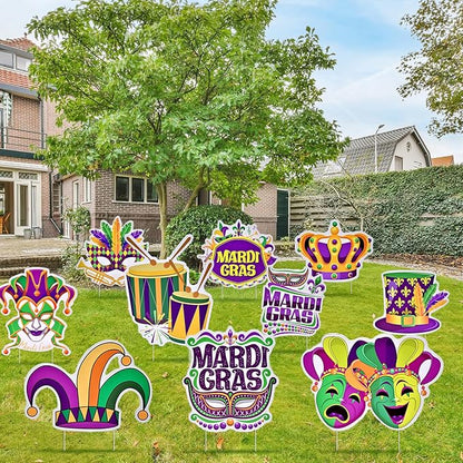 10 Pieces Mardi Gras Decorations Outdoor Yard Garden Porch Sign - Large Festive Mask, Jester, Crown, Drum, and Hat Masquerade Design Signs with Stakes for Outside Carnival Patio Pathway Lawn Decor