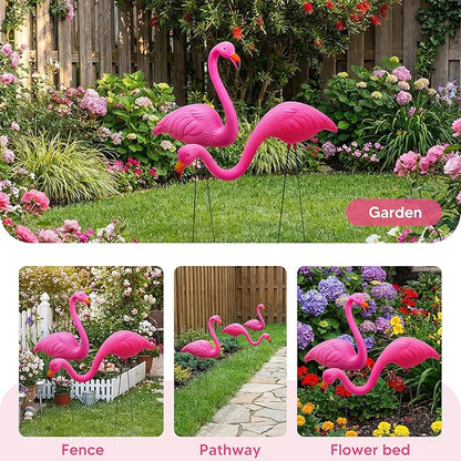 JOYIN Set of 2 Small Pink Flamingo Yard Ornament Stakes Mini Lawn Plastic Flamingo Statue with Metal Legs for Sidewalks, Outdoor Garden Decoration, Luau Party, Beach, Tropical Party Decor, 2 Styles