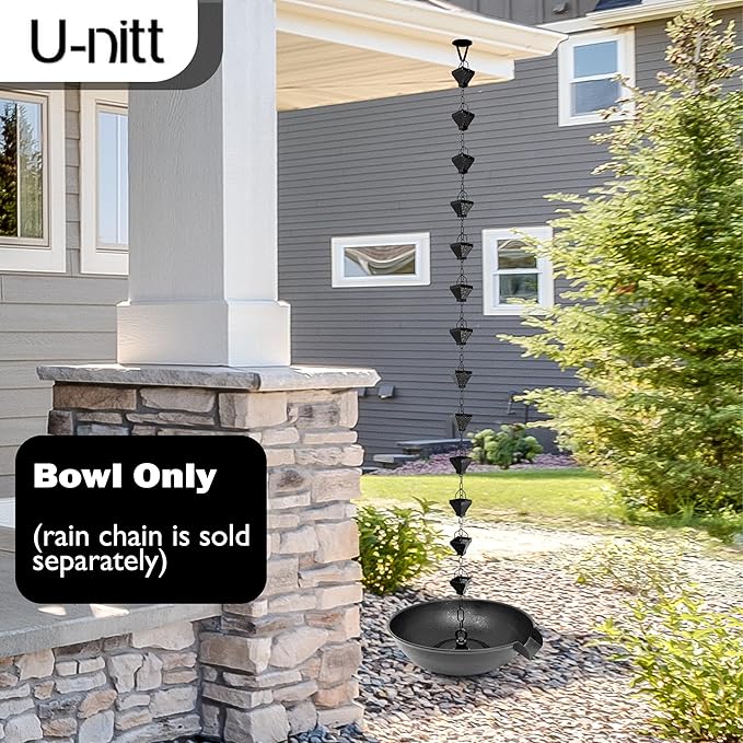 U-nitt 12" Spill Bowl Downspout Catch Basin for Rain Chain Anchoring & Stake | Rainwater Collection for Roof |Gutter Catch Basin | Good for Water Fountain & Birdbath | Black | Handles Heavy Rain