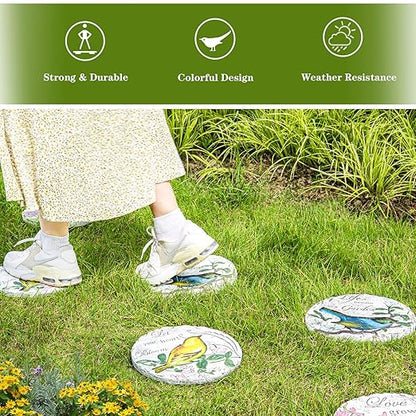 Sungmor 3PC Pretty Garden Stepping Stones, 9.5" Large Concrete Decorative Stones with Beautiful Pattern, Unique Outdoor Lawn Accents, Yard Walkway Flower Bed Wall Shelf Welcome Friends Decorations