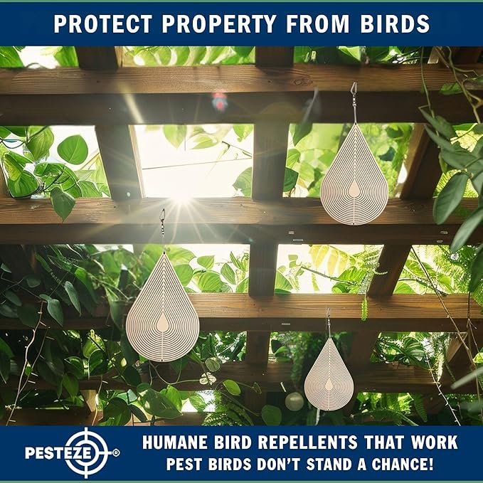 PESTEZE USA Water Droplet Wind Spinner, 4×9.25 Stainless Steel Highly Reflective Outdoor Hanging Spinner for Bird Deterrent, Garden & Yard Decor, Resistant Metal Art with 360° Wind Motion Easy Install