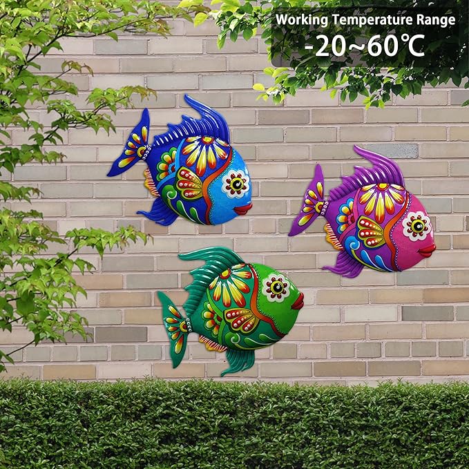 John's Studio Metal Fish Sea Wall Decor Outdoor Garden Hanging Art Sculptures Home Ocean Theme Decorations for Kitchen Bathroom and Pool - 3 PCS