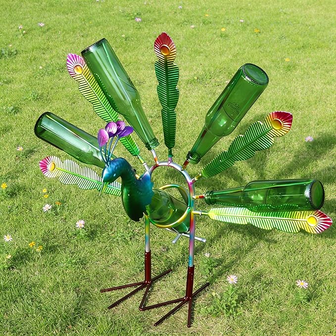 Outdoor Bottle Tree with Peacock Metal Stake for Outdoor Colorful Garden Decorative Bottle Holder & Outdoor