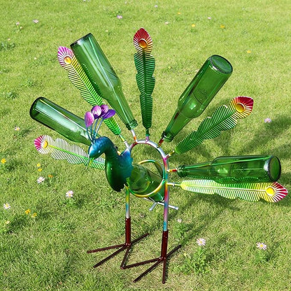 Outdoor Bottle Tree with Peacock Metal Stake for Outdoor Colorful Garden Decorative Bottle Holder & Outdoor