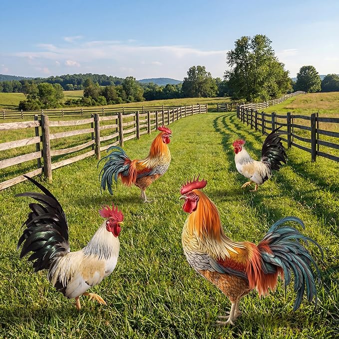 Riakrum 4 Pcs Metal Rooster Outdoor Garden Statues Decor Yard Chicken Decorations Metal Chicken Sculpture for Backyard Patio Kitchen Decor & Lawn Ornaments, 2 Size