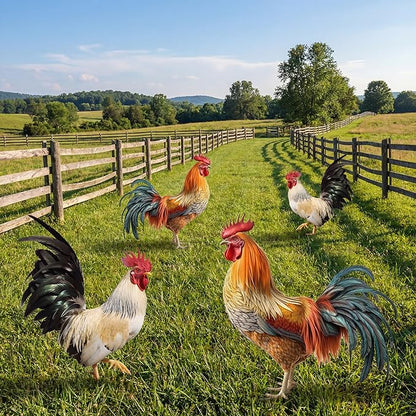 Riakrum 4 Pcs Metal Rooster Outdoor Garden Statues Decor Yard Chicken Decorations Metal Chicken Sculpture for Backyard Patio Kitchen Decor & Lawn Ornaments, 2 Size