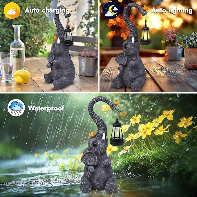 Gift Boutique Garden Decor Elephant Statues with Lantern Light Outdoor Elephant Figurine Yard Lawn Patio Decorations Resin Animal Sculpture with LED Hanging Lamp