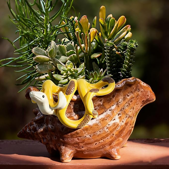 HUFAND Banana Snake Figurine Plant Pot Hugger Resin Miniature Hanging Realistic Banana Snake Statues Plant Decorations Gifts for Outdoor Home Garden Fence Balcony Patio Lawn Yard Ornaments