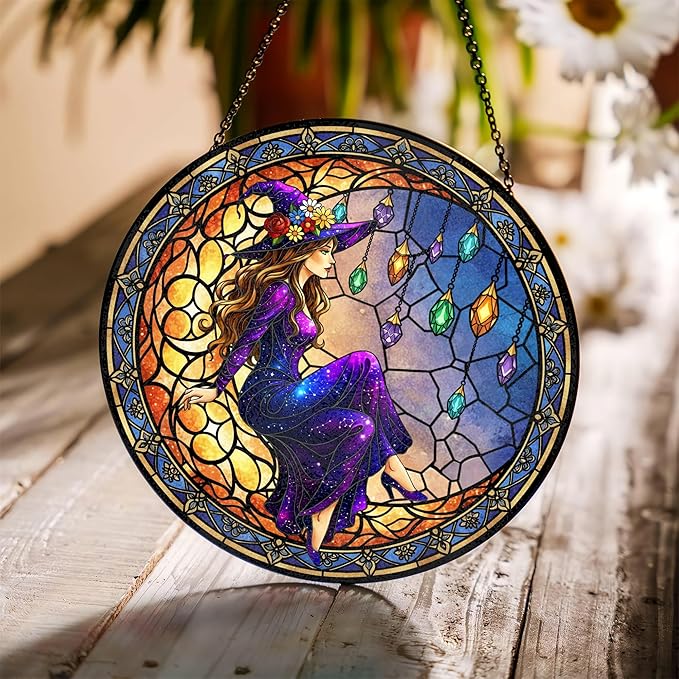 7.8" Moonlight Witch Suncatcher Stained Glass Window Hanging Mystical Witchy Sun Catchers Halloween Ornaments Wall Art Door Garden Room Home Decor Birthday for Teens Women