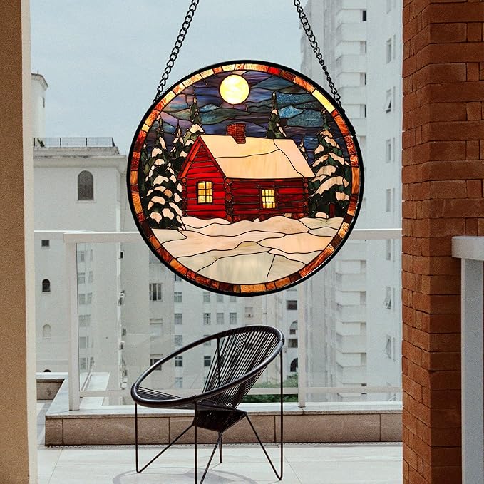 CHATYOUNG Stained Glass Window Hanging Red Christmas Cottage in Winter Snow Scene Large 15" - Suncatcher Door Garden Sun Catcher Decor Birthday Christmas for Mom Woman Nana Friend Men Kids Wife
