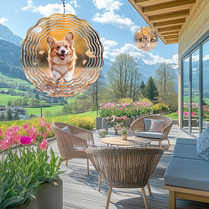 Pet Dog Wind Spinners Outdoor, Hanging Wind Spinner for Garden Decoration, 8 inch 3D Stainless Steel Metal Wind Sculpture for Indoor/Outdoor Decor