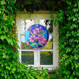 Hanway Suncatcher in Colorful Stained Glass 12" Dia - Genuine Brightly Colored Glass, Protective Metal Edge, Ready to Use Hanging Chain, for Window, Garden (Lily)