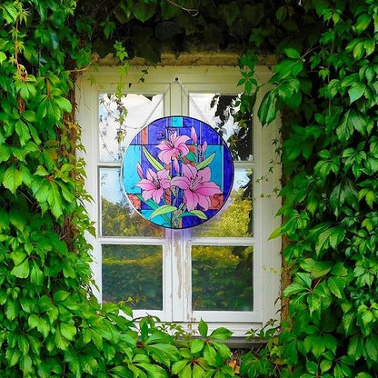Hanway Suncatcher in Colorful Stained Glass 12" Dia - Genuine Brightly Colored Glass, Protective Metal Edge, Ready to Use Hanging Chain, for Window, Garden (Lily)