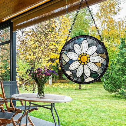 Stained Glass Window Hanging - Yellow White Daisy Birth Flower Suncatcher for Door Garden Yard Sun Catchers Decor Christmas Mother's Day Birthday Gifts for Teacher Women Mom Nana 7.8 in