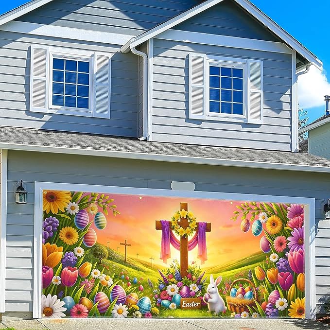 Easter Garage Door Banner 157.5x70.9in Large Spring Garage Door Cover Bunny Floral Outdoor Decorations for House Exterior Party Decor with Grommets Rope