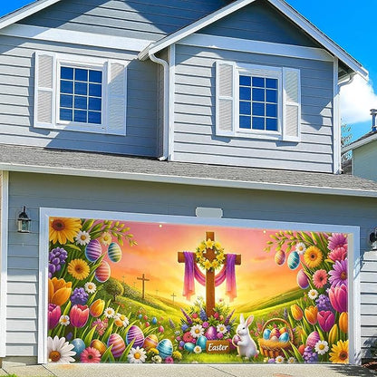 Easter Garage Door Banner 157.5x70.9in Large Spring Garage Door Cover Bunny Floral Outdoor Decorations for House Exterior Party Decor with Grommets Rope