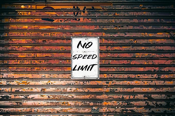 No Speed Limit Metal Sign – Rustic Tin Wall Decor for Boys’ Room, Car Enthusiasts, and Roadside Themes – 8 x 12 Inch