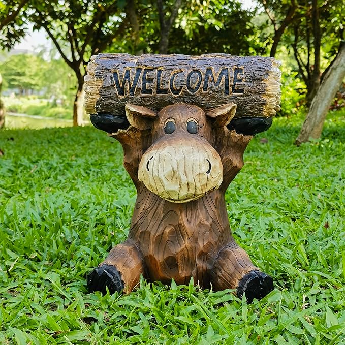 Hi-Line Gift Ltd Moose Cub Holding Welcome Sign Garden Decor