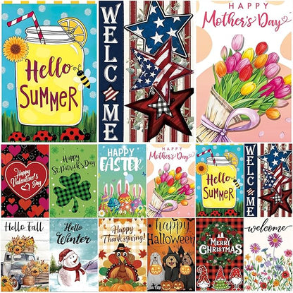 Seasonal Garden Flags Set of 12 Double Sided 12x18 Inch, Small Yard Flags for Outside, Spring Summer Fall Winter & Holiday Outdoor Decor, Halloween Christmas Easter Decorations for All Seasons