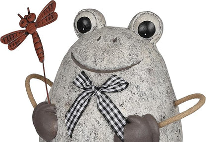 Alpine Corporation MCC862 Indoor/Outdoor Frog with Dragonfly Garden Statue, Stone Finish Frog Statue for Yard, 24" H, Silver
