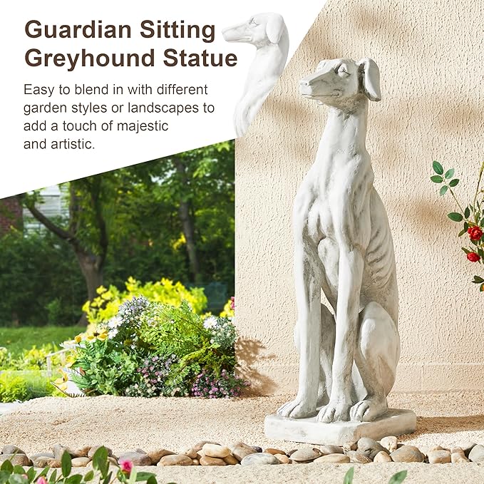 Glitzhome Sitting Dog Garden Statue, Outdoor Statue Garden Lawn Greyhound Sculpture Decorative Animal Guardian Sentinel for Driveway Porch Patio 32 Inch