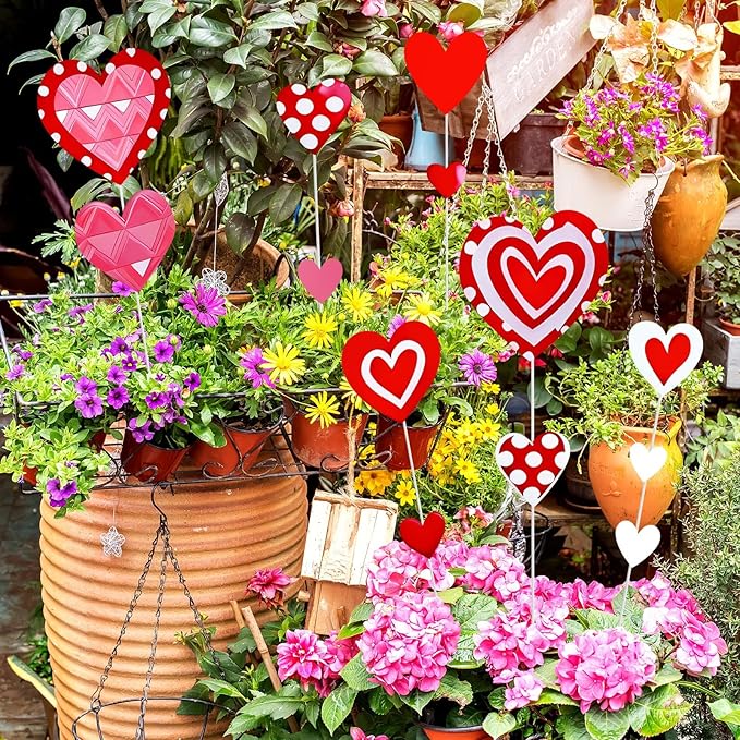 Amyhill 13 Pcs 21.5 Inch Valentine's Day Heart Shape Planter Stakes, Garden Stakes Decor with 8 Pcs Rods, Red Pink White Heart Signs for Patio, Lawn, Yard, Planter Pots, Pathway, Wedding Decor