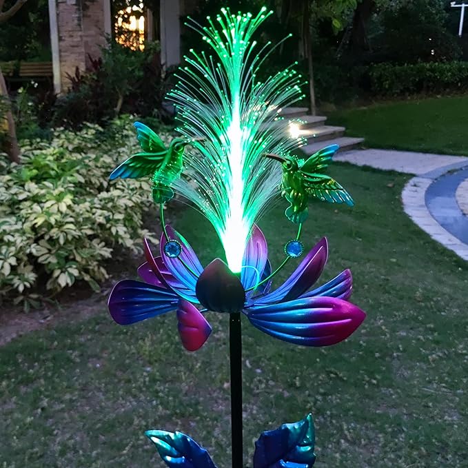 Solar Hummingbird Wind Spinners, Solar Firework Lights Garden Décor, Metal Lotus Flower Windmill Colour Changing Optical Fiber Lights Yard Decoration, Outdoor Wind Sculpture for Lawn Patio,Balcony