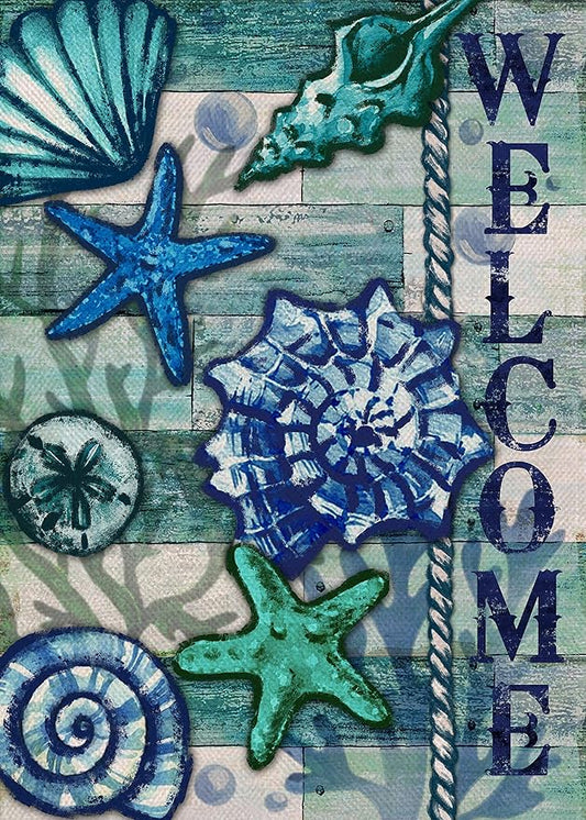 Home Decorative Welcome Summer Coastal Garden Flag, Nautical House Yard Tropical Conch Starfish Shell Beach Outside Decor, Spring Blue Ocean Sea Outdoor Small Decoration Double Sided 12x18