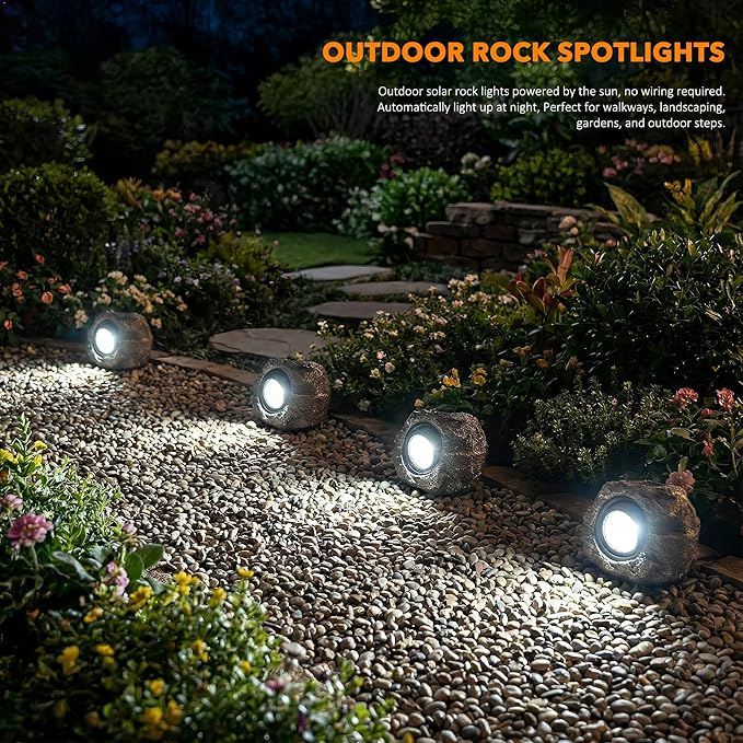 Candieslife Solar Rock Lights Outdoor Garden Waterproof - Super Bright LED Solar Spotlights, Solar Powered Landscape Path Decorative Garden Stone Lights for Pathway, Walkway, Yard, Patio (4 Pack)