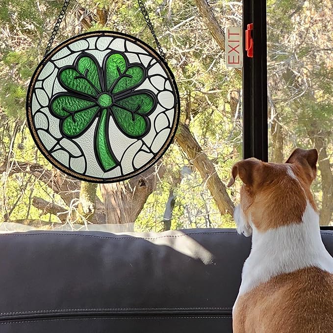 Stained Glass Window Hanging Green Lucky Clover 9.8" - Suncatcher Door Garden Sun Catcher Irish Decoration Birthday Christmas St. Patrick's for Mom Men Woman Nana