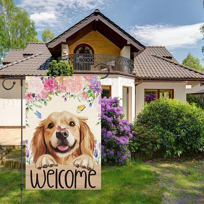 Heyfibro Welcome Spring Summer Flower Garden Flag 12x18 Inch Double Sided Burlap,Cute Golden Retriever Dog Butterfly Yard Flag for Seasonal Holiday Farmhouse Outdoor Decor(ONLY FLAG)