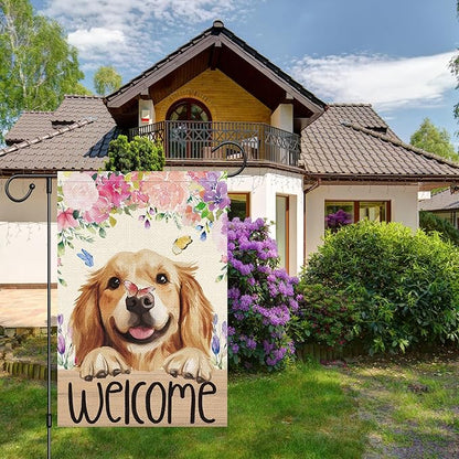 Heyfibro Welcome Spring Summer Flower Garden Flag 12x18 Inch Double Sided Burlap,Cute Golden Retriever Dog Butterfly Yard Flag for Seasonal Holiday Farmhouse Outdoor Decor(ONLY FLAG)