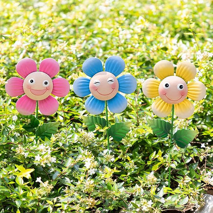 Glitzhome Set of 3 Happy Face Decorative Garden Stake, Metal Flower Yard Stakes with Hand Painted Smiling Design, Iron Garden Yard Spring Decor or Wall Decor, 18”H