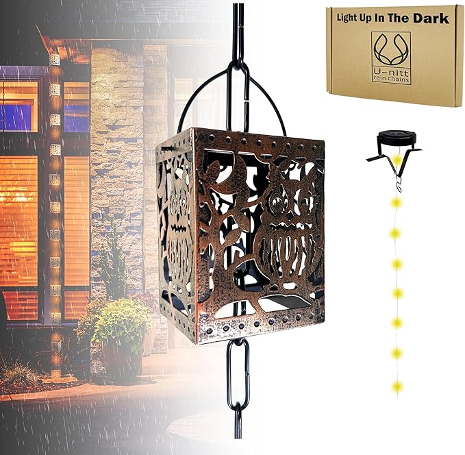 Rain Chain Water Collection for Gutters, Rainwater Catcher & Diverter, 8.5 FT Chains for Outside Garden, Antique Light Up Cups, Roof Downspout, Works with Heavy Rain, w/ Gutter Clip for Rainchains