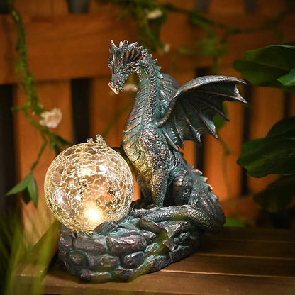 TERESA'S COLLECTIONS Dragon Outdoor Statues with Solar Crackle Globe Light, Resin Bronze Gothic Garden Decor,Touching Magic Ball Resin Lawn Ornaments for Patio Yard Decorations Gifts for Mom Dad, 6"
