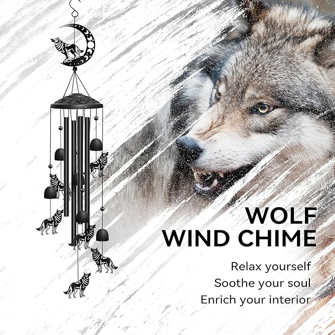 Wolf Wind Chimes for Outside, 32" Decorative Wind Chimes Wolf Gifts for Women, Memorial Windchimes Outdoors with S Hook for Patio Garden Decor, Birthday Gifts for Mom Grandma (Black)