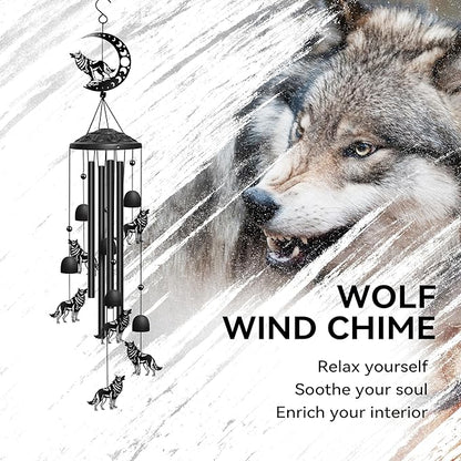 Wolf Wind Chimes for Outside, 32" Decorative Wind Chimes Wolf Gifts for Women, Memorial Windchimes Outdoors with S Hook for Patio Garden Decor, Birthday Gifts for Mom Grandma (Black)